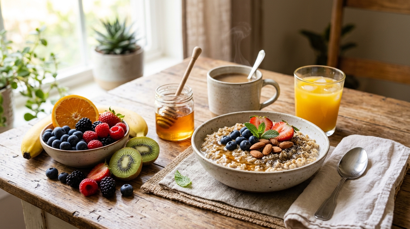 Egészséges reggeli rutin, asztalon gyümölcsök és zabpehely